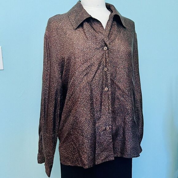 Vintage Studio A 100% Silk Leopard Animal Print Button Down Shirt Blouse Brown - Picture 1 of 13